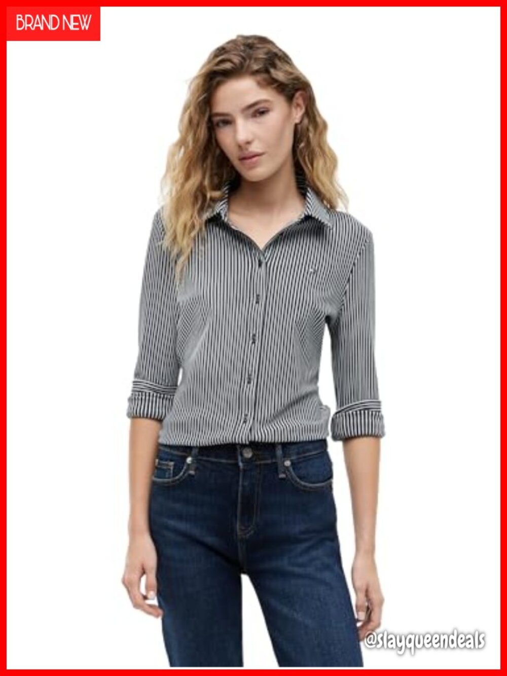 Womens Cotton Pique Long Sleeve Button Down Slim Fit Stretch Shirt